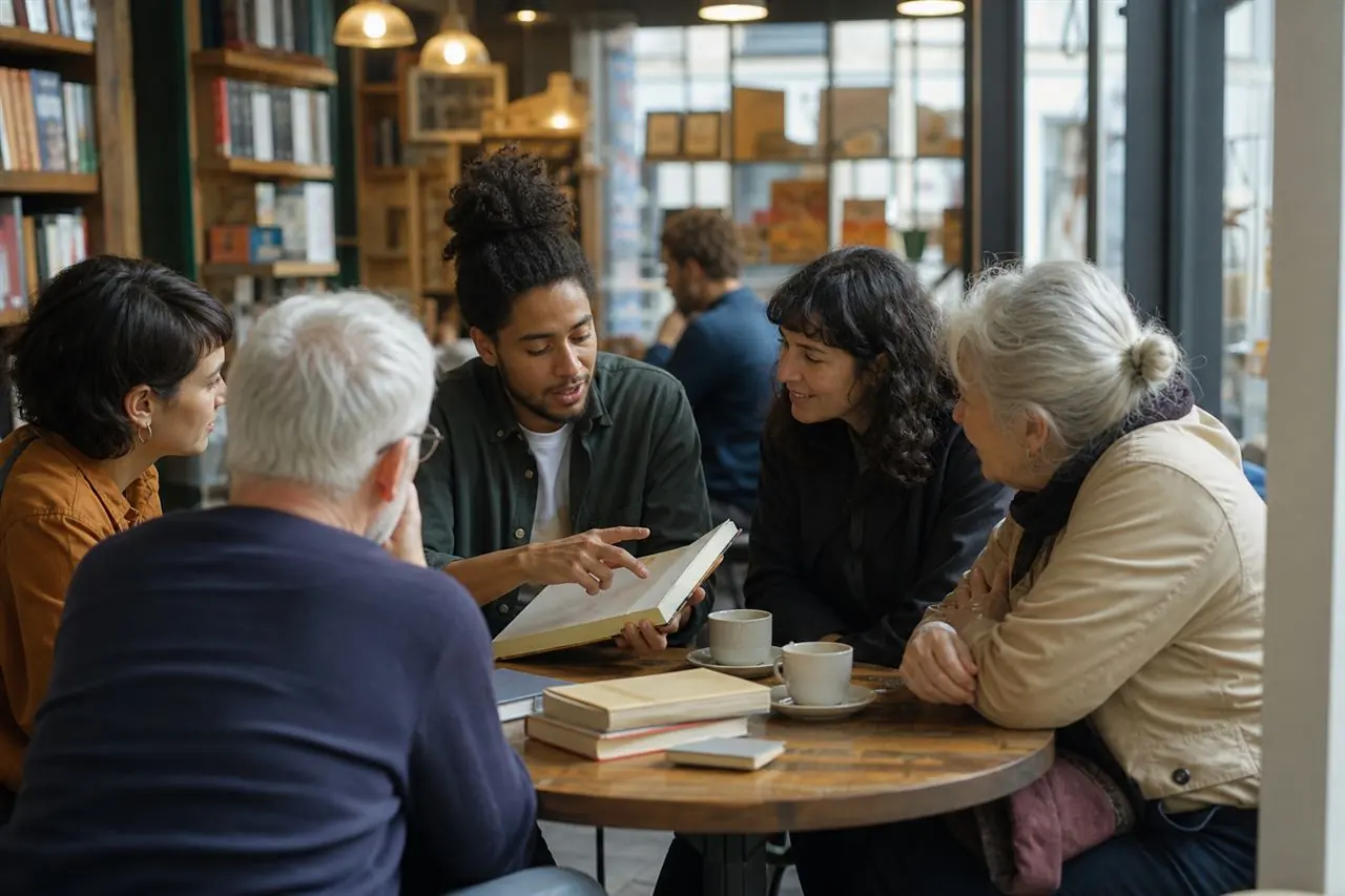 Adultes de générations différentes discutant autour d’un carnet dans un café-librairie
