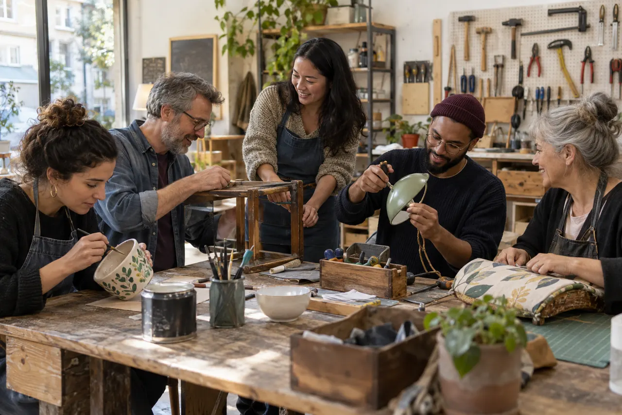 Cinq adultes font connaissance autour d’un atelier de réparation partagé