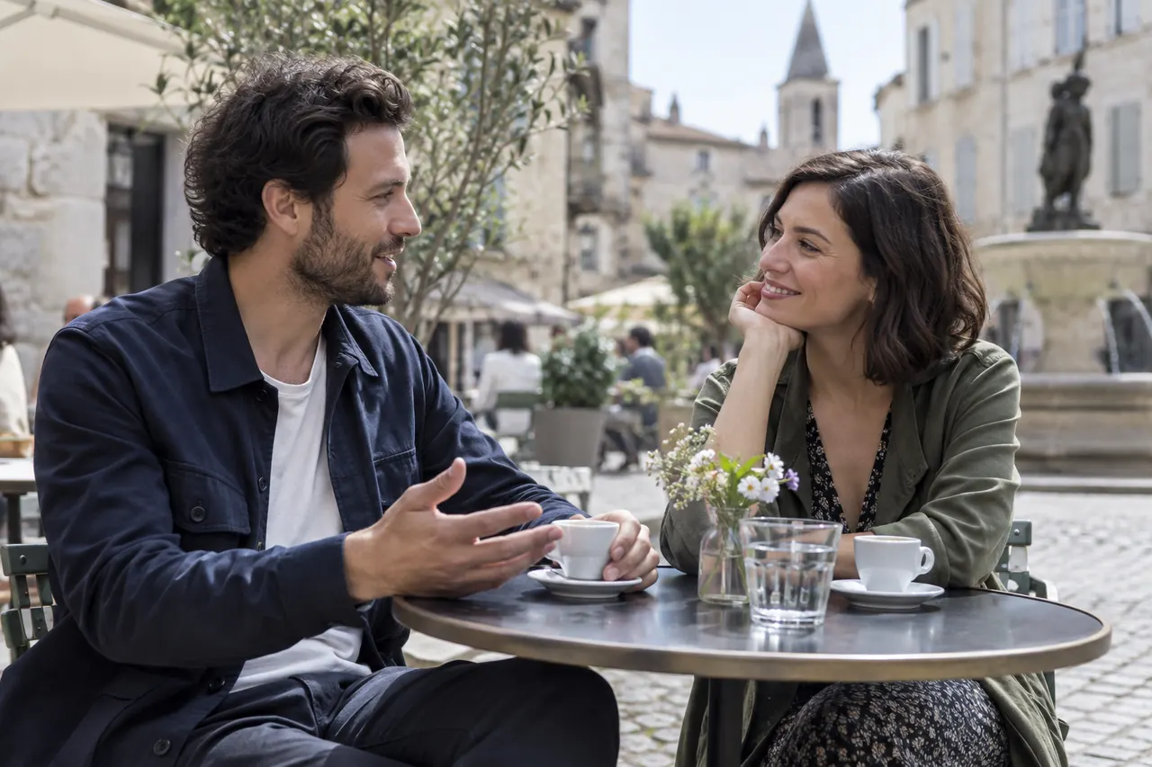 Deux adultes poursuivent une conversation après un café en ville