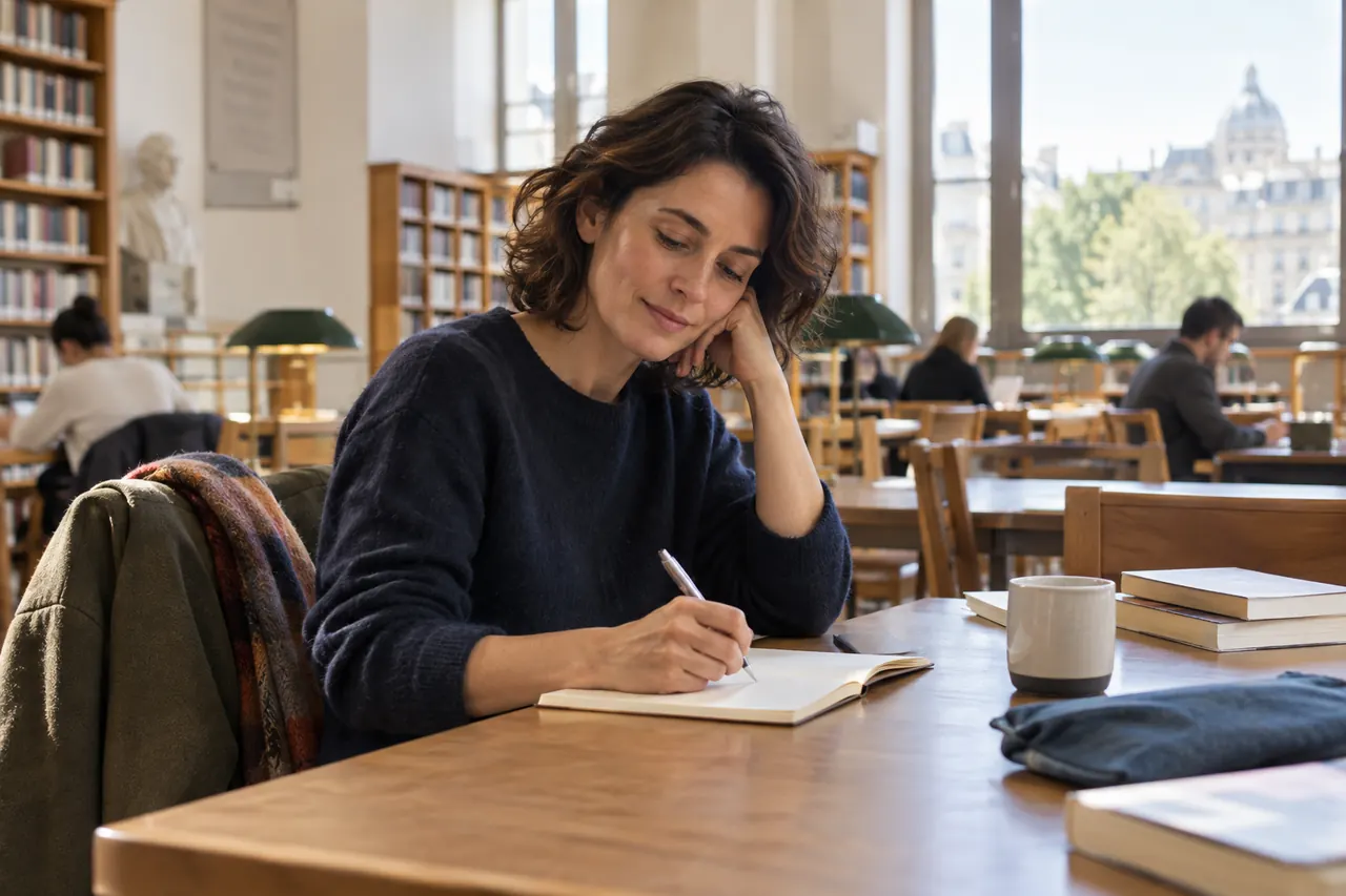 Une femme écrit dans un carnet dans une bibliothèque avant de reprendre les rencontres