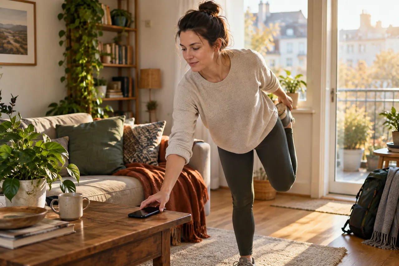 Une adulte pose son téléphone avant de sortir marcher