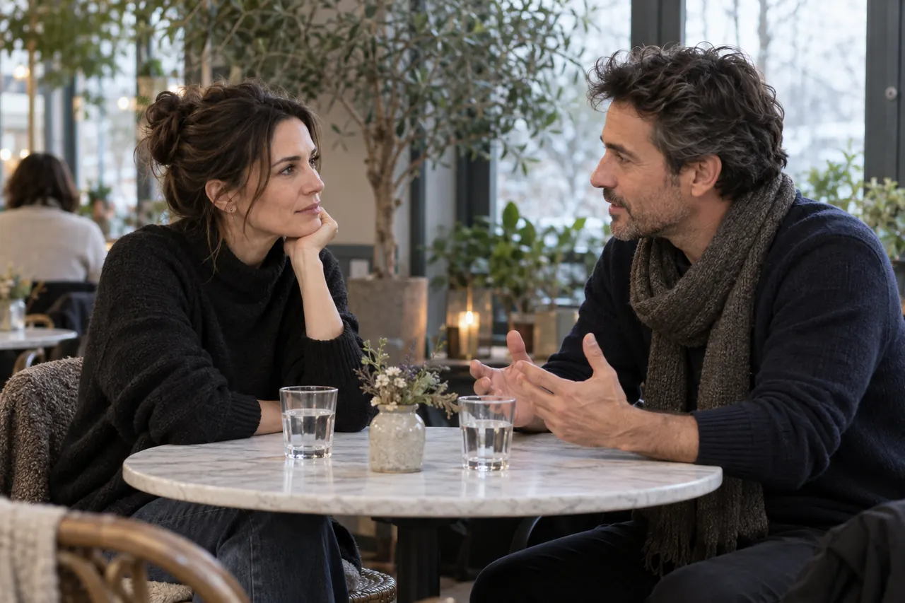 Deux adultes clarifient leurs attentes relationnelles dans un café calme