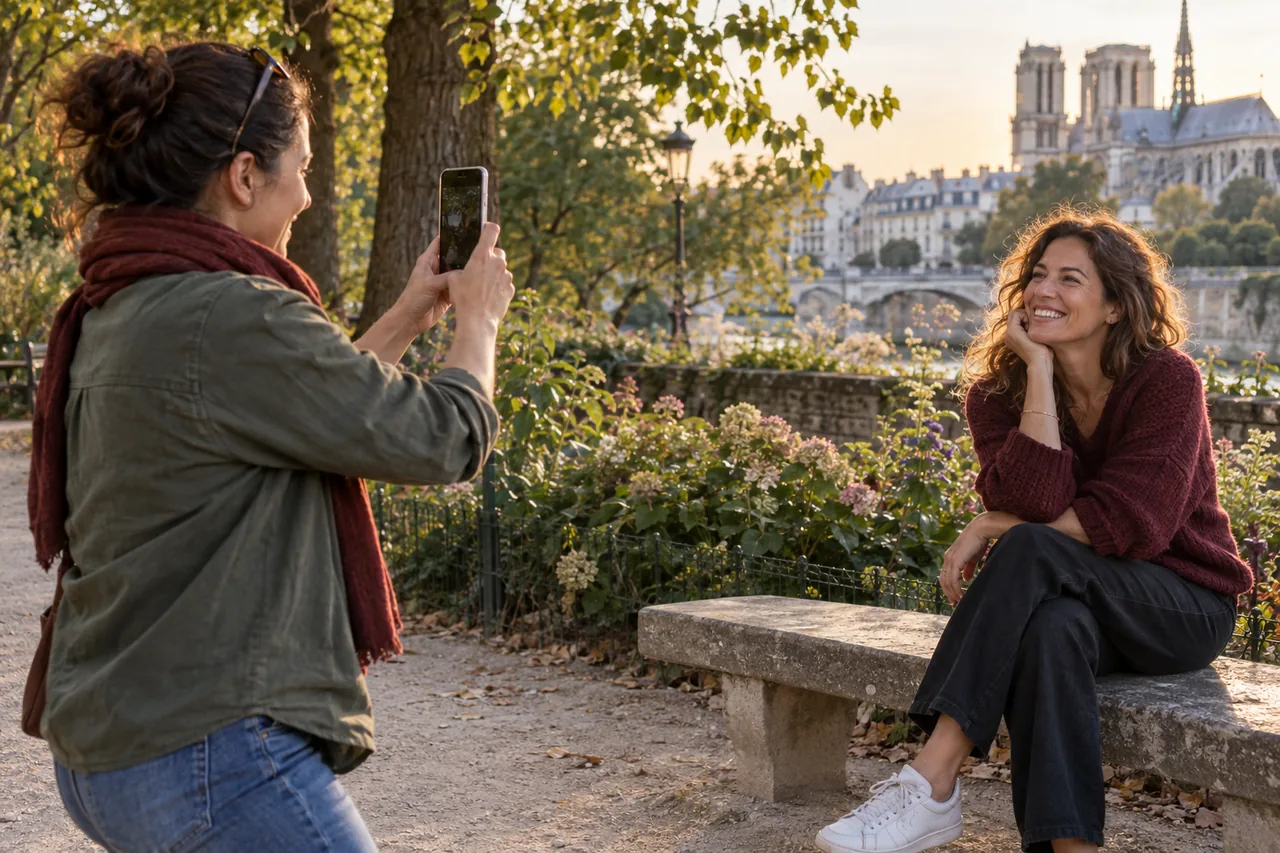 Deux amies réalisent des photos de profil naturelles dans un jardin