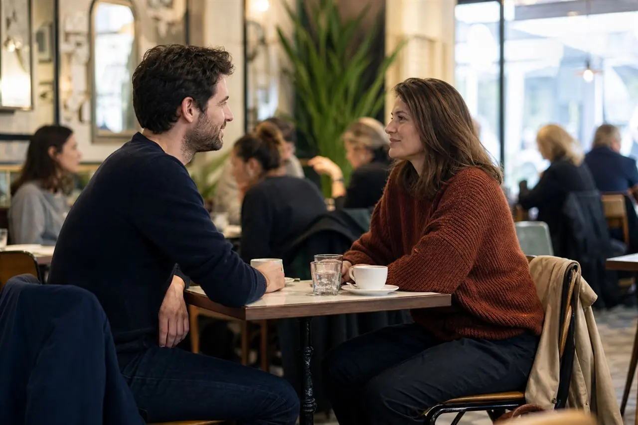 Deux adultes discutant lors d’un premier café dans un lieu public