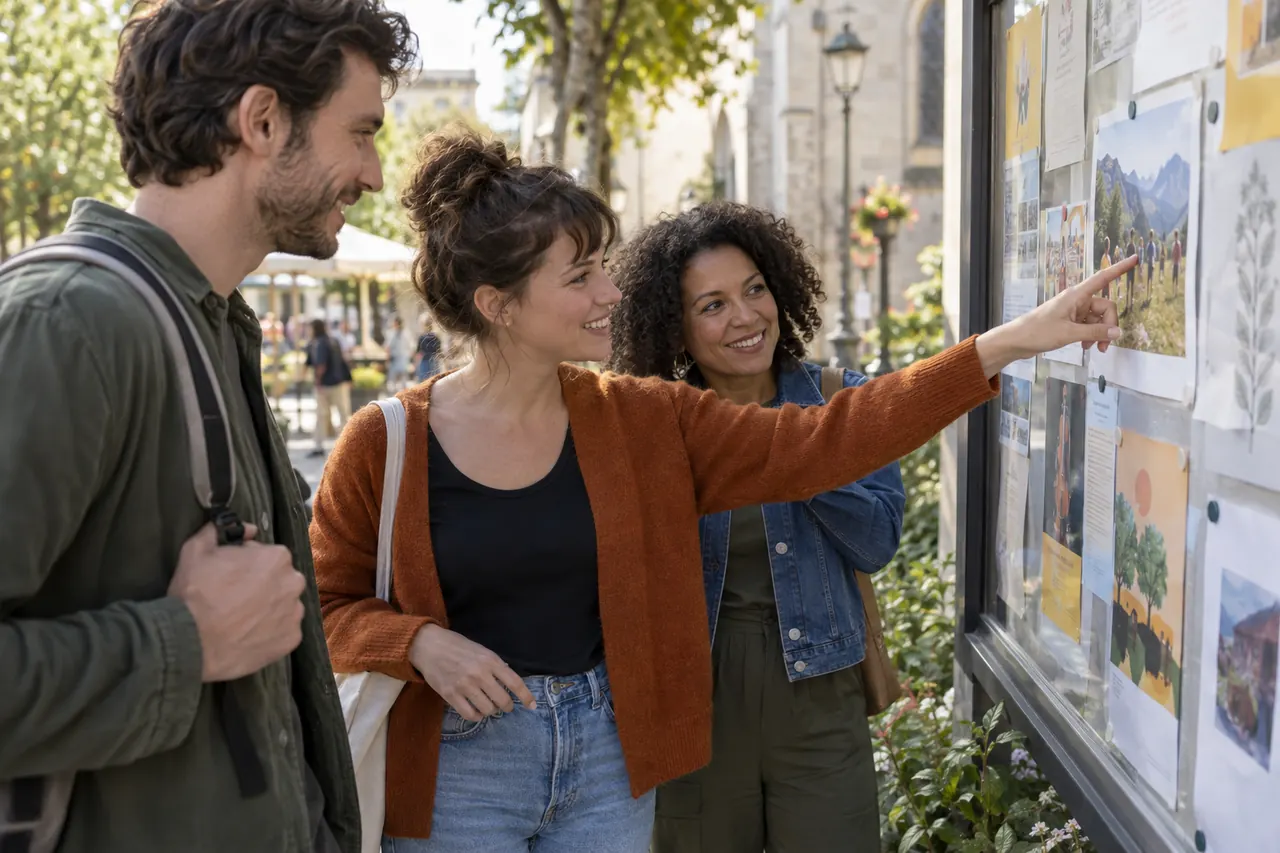 Trois adultes choisissent une activité locale devant un panneau d’affichage