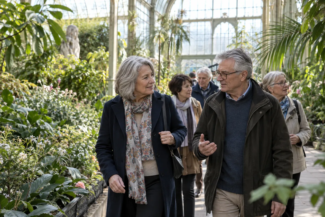 Deux adultes mûrs font connaissance pendant une visite de jardin botanique