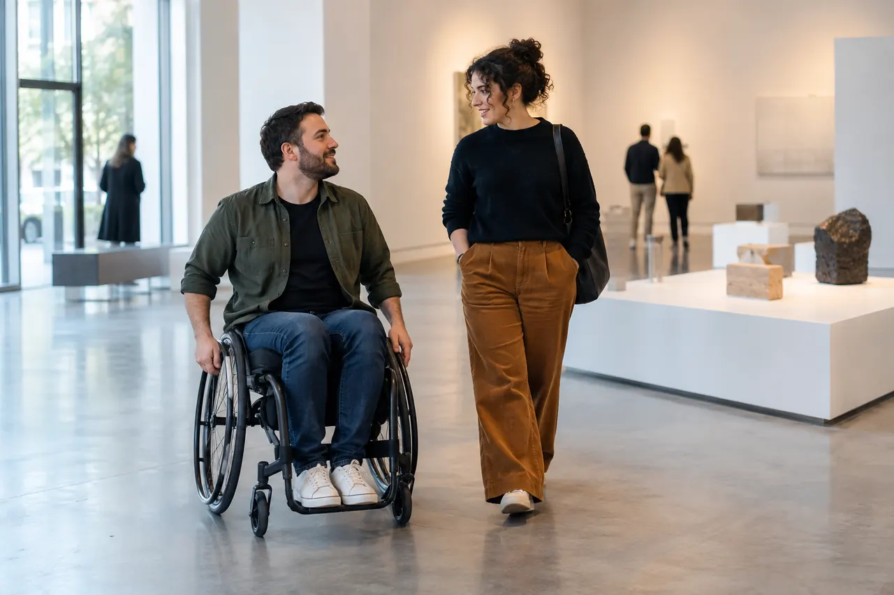 Deux adultes, dont un homme en fauteuil roulant, font connaissance dans une galerie accessible