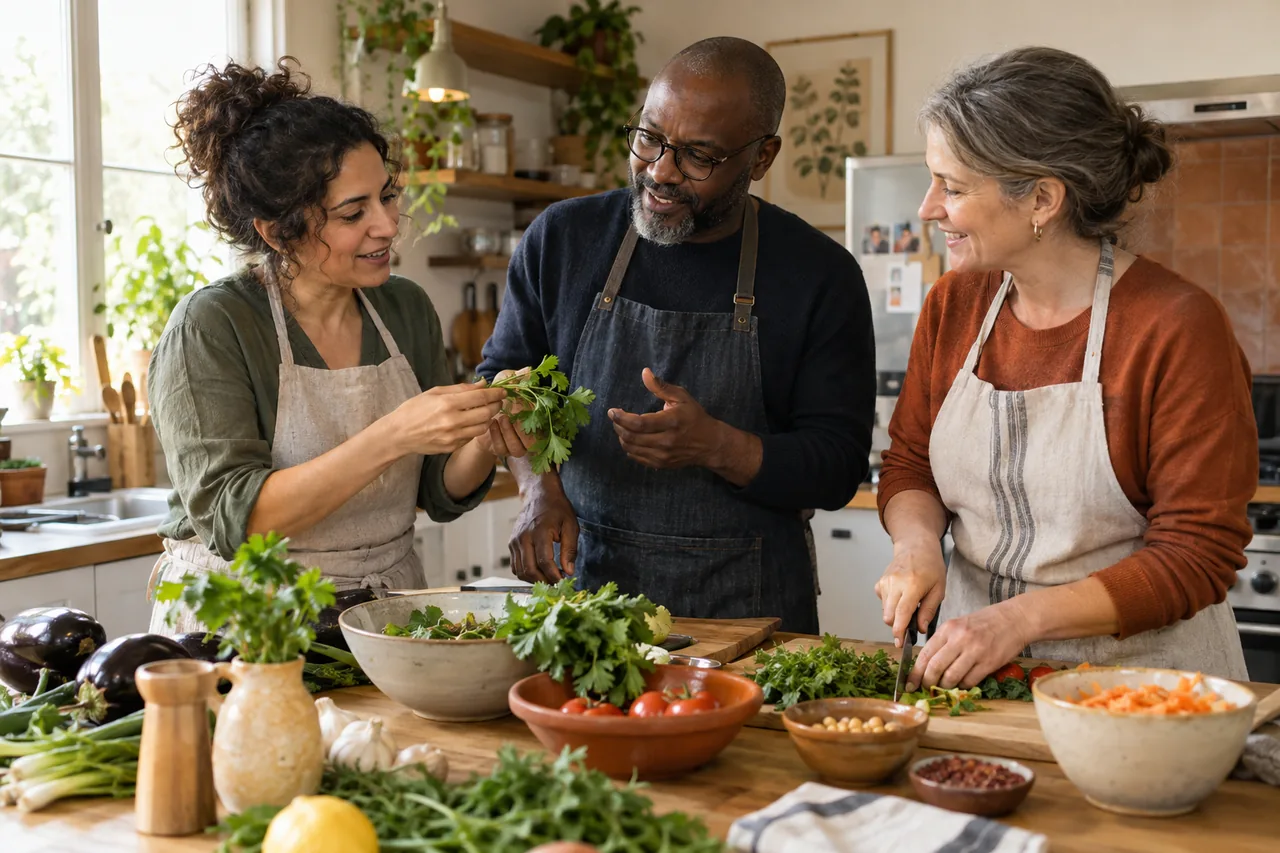 Des adultes de cultures différentes font connaissance pendant un atelier cuisine
