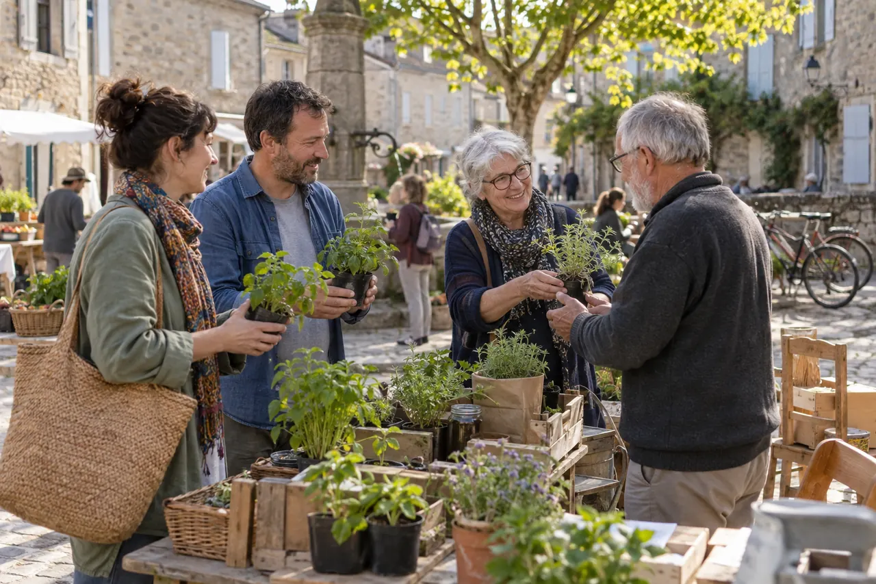 Quatre adultes échangent des plantes lors d’une activité dans un village français