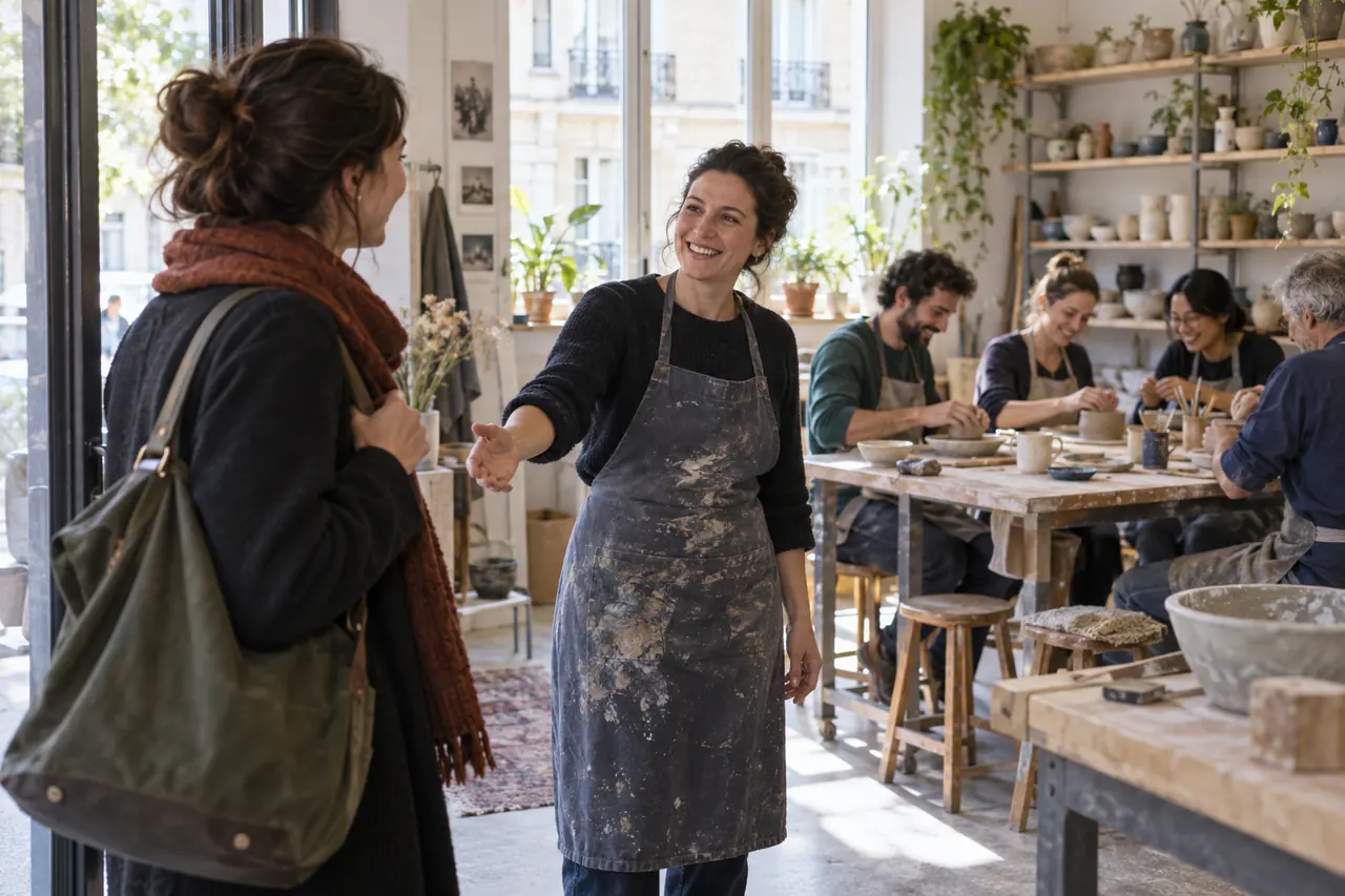 Une participante arrive seule à un atelier de poterie et reçoit un accueil chaleureux