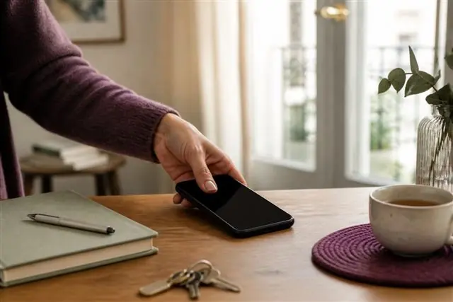 Téléphone posé écran éteint à côté d’un carnet pour illustrer la protection de la vie privée