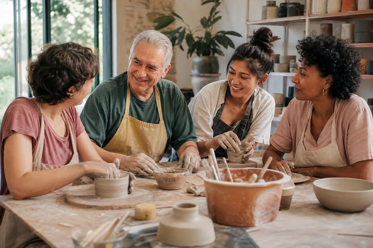Quatre adultes de plusieurs générations discutent pendant un atelier de poterie